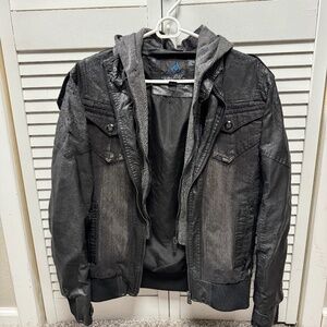 Men's Faux Leather and Denim Jacket with Hood by Mosibao